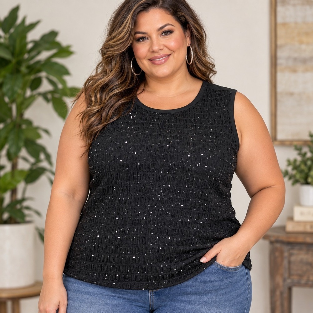 Merona Black Sequin Smocked Tank Top Women's 2X Plus Whimsigoth Retro Glam Indie